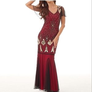 JDLSPPL Women's Red&Black Gatsby Evening Dress Sequin Maxi Flutter Sleeve Gown S